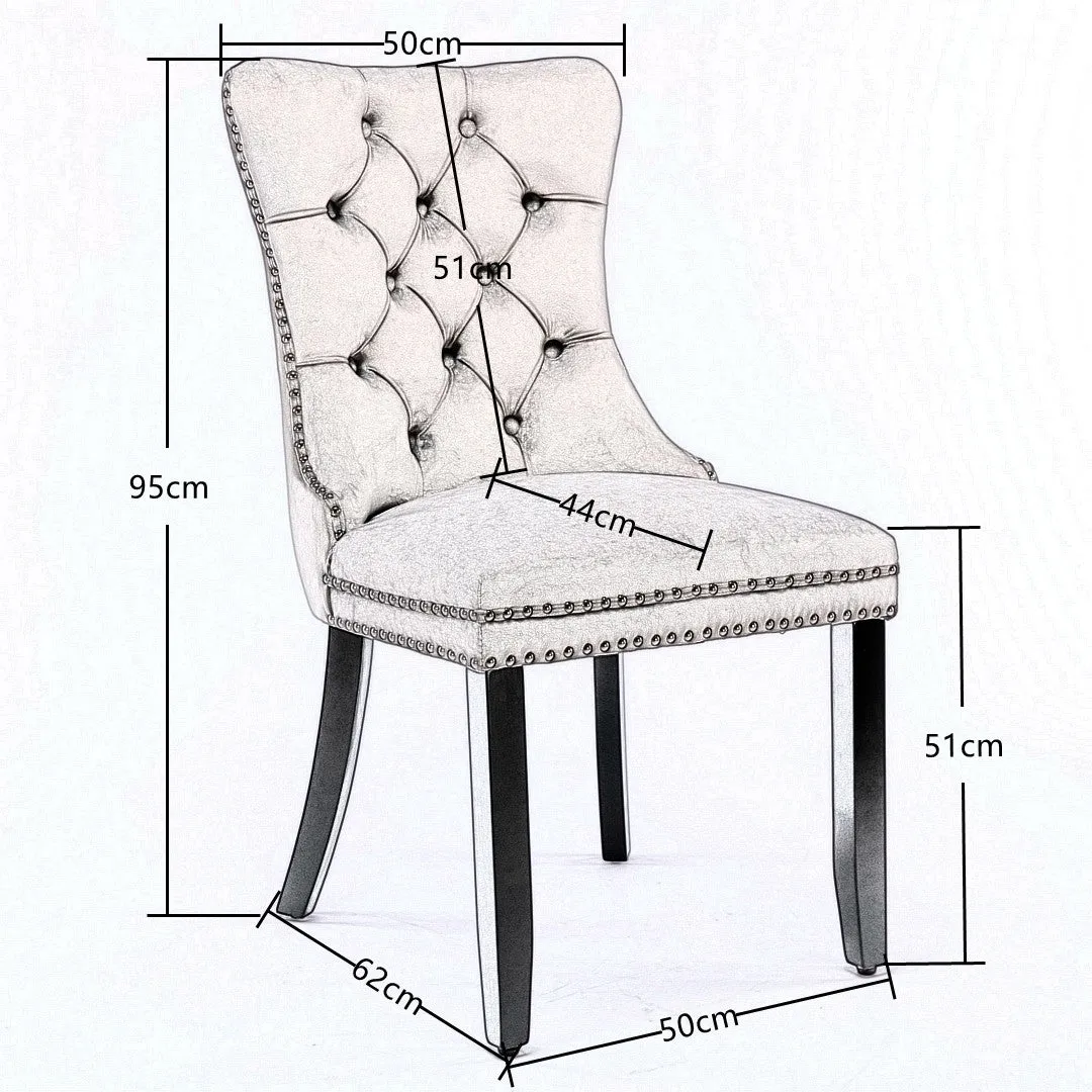 4x Velvet Dining Chairs | Upholstered Tufted Kitchen Chair | Solid Wood Legs | Stud Trim & Ring | Gray
