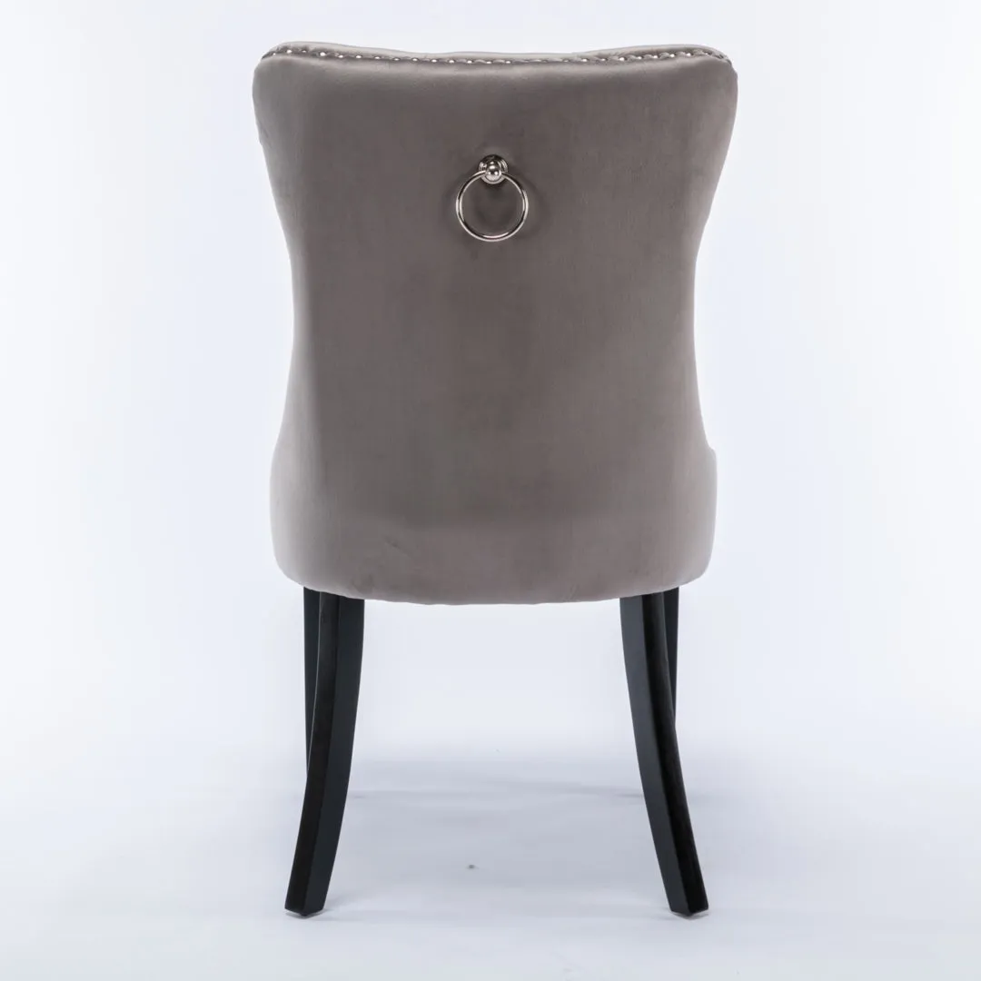 4x Velvet Dining Chairs | Upholstered Tufted Kitchen Chair | Solid Wood Legs | Stud Trim & Ring | Gray