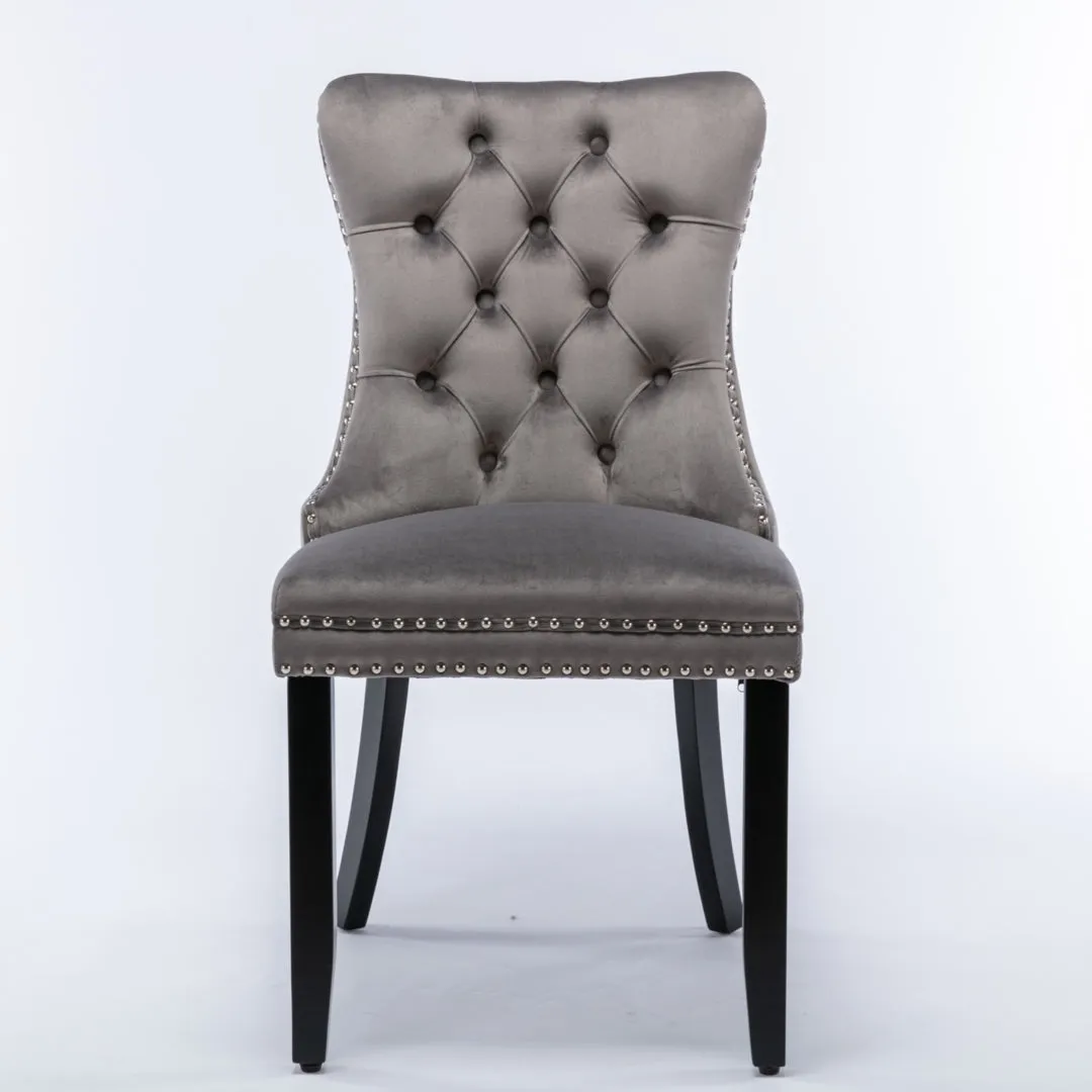 4x Velvet Dining Chairs | Upholstered Tufted Kitchen Chair | Solid Wood Legs | Stud Trim & Ring | Gray