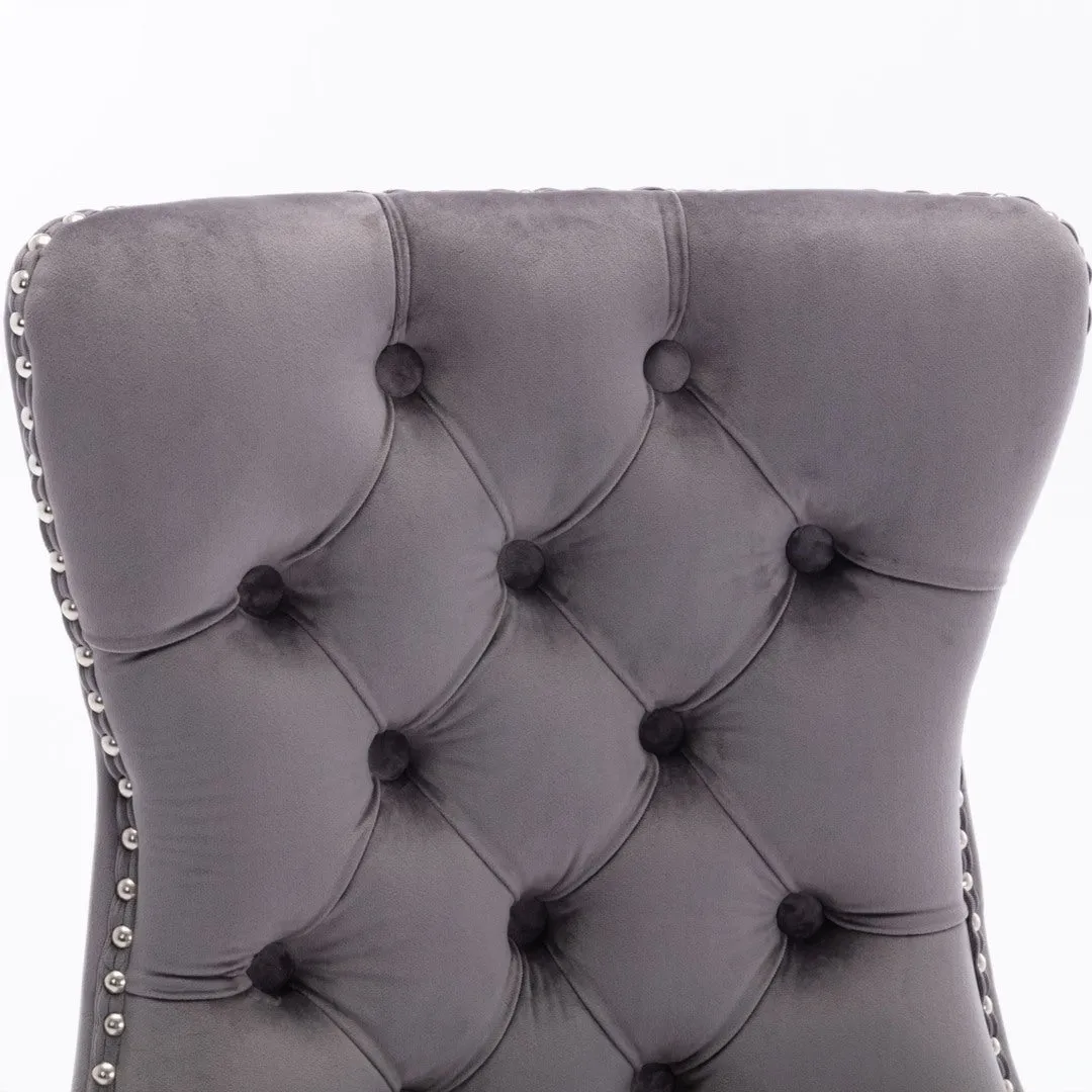 4x Velvet Dining Chairs | Upholstered Tufted Kitchen Chair | Solid Wood Legs | Stud Trim & Ring | Gray
