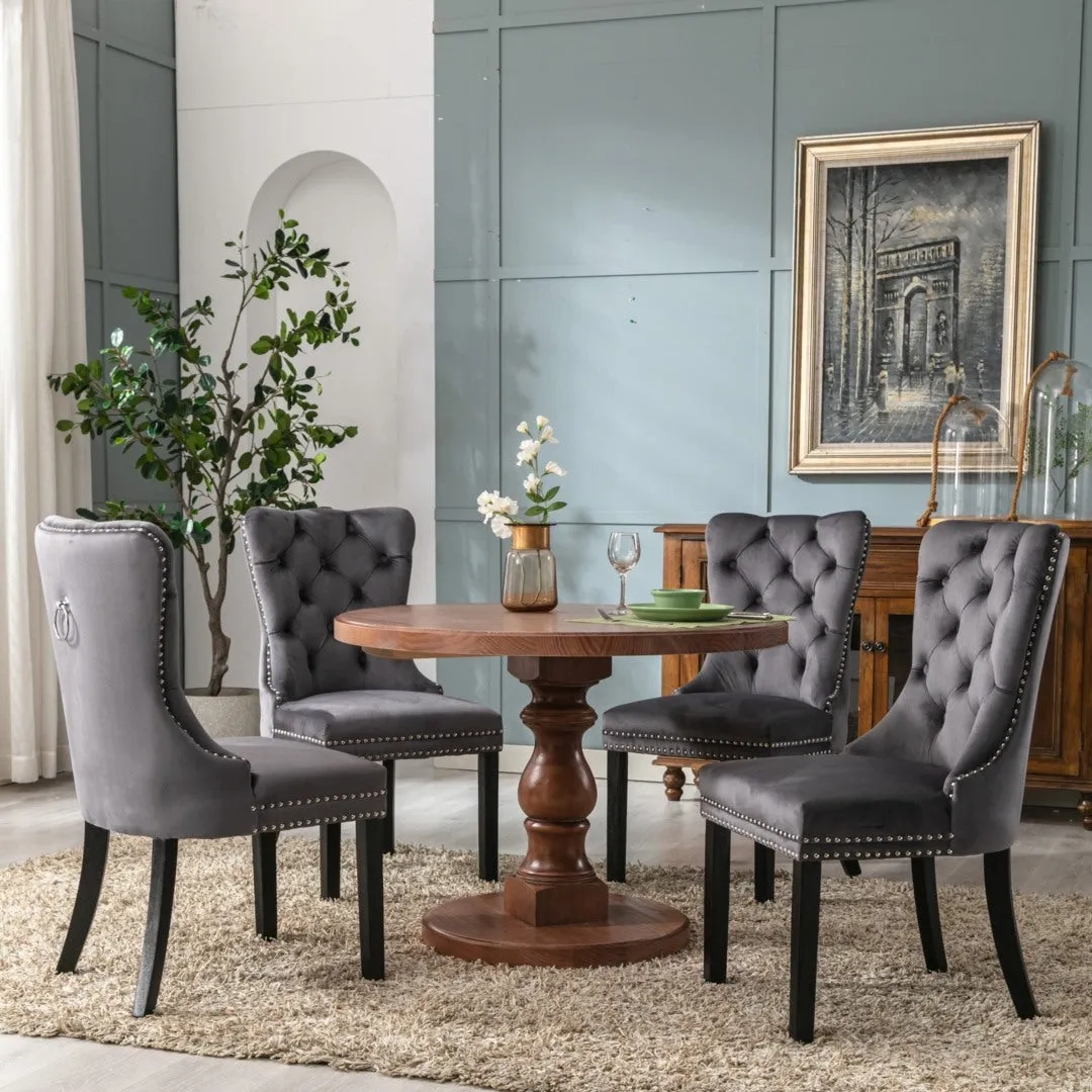 4x Velvet Dining Chairs | Upholstered Tufted Kitchen Chair | Solid Wood Legs | Stud Trim & Ring | Gray