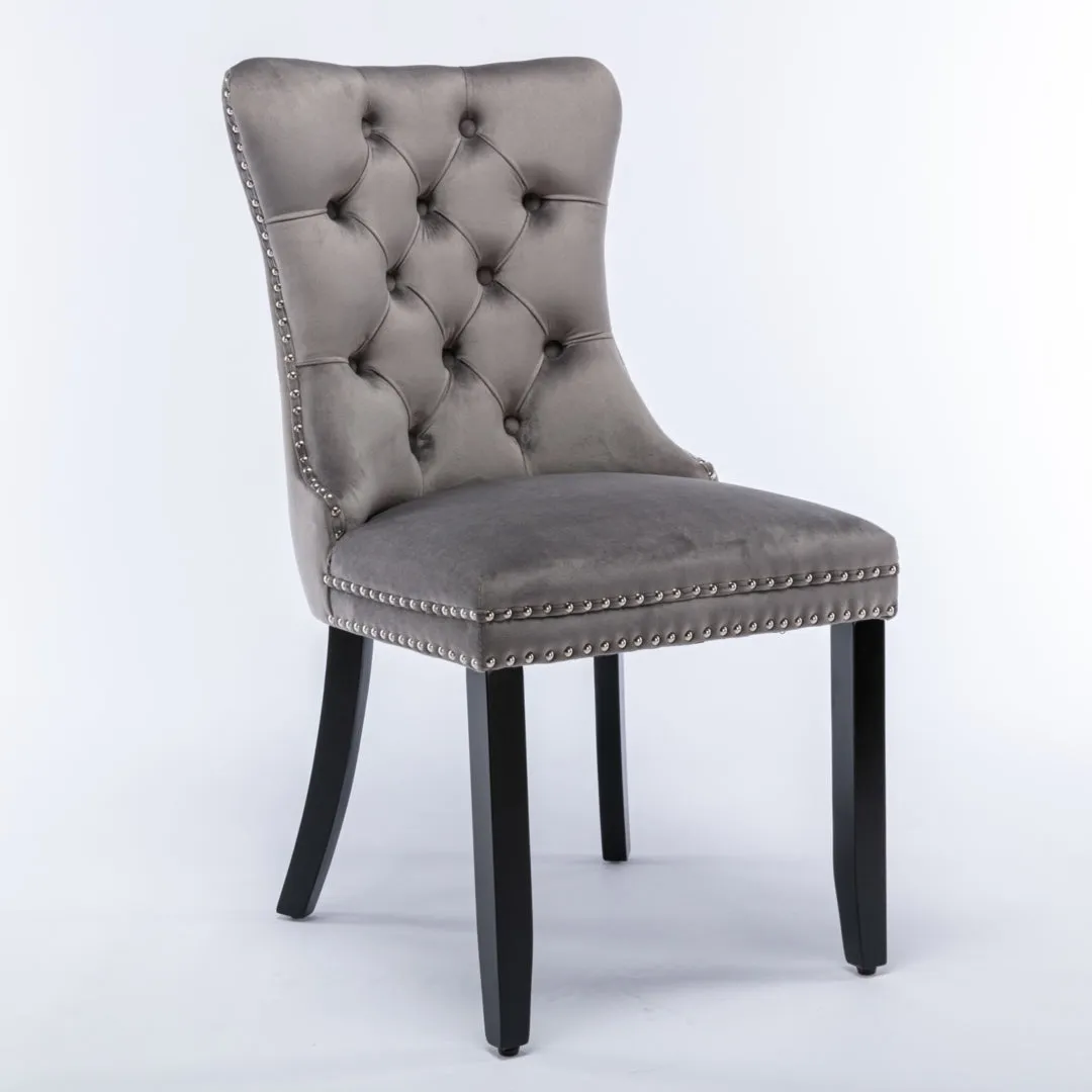 4x Velvet Dining Chairs | Upholstered Tufted Kitchen Chair | Solid Wood Legs | Stud Trim & Ring | Gray