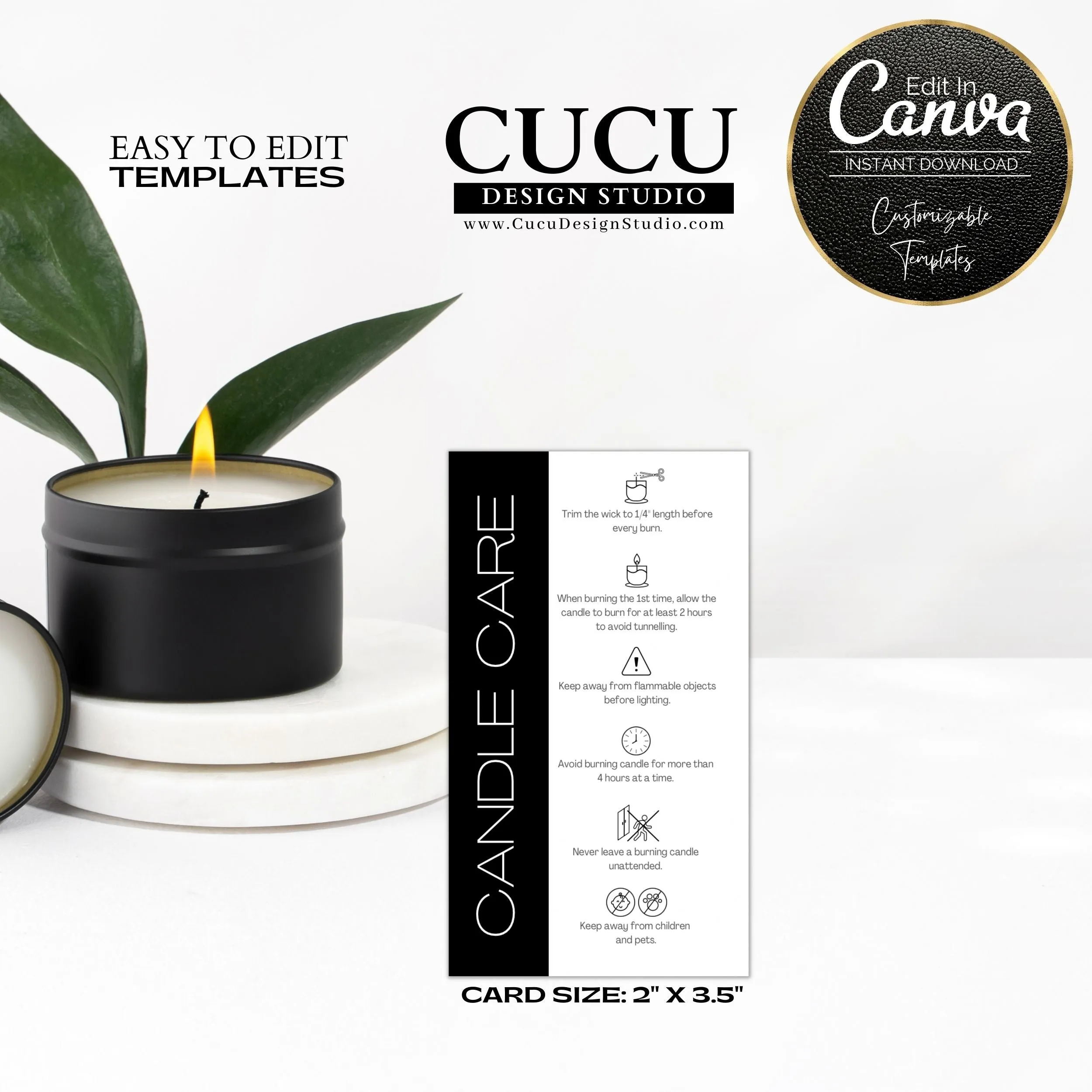 Black and White Customizable Candle Care Template Card