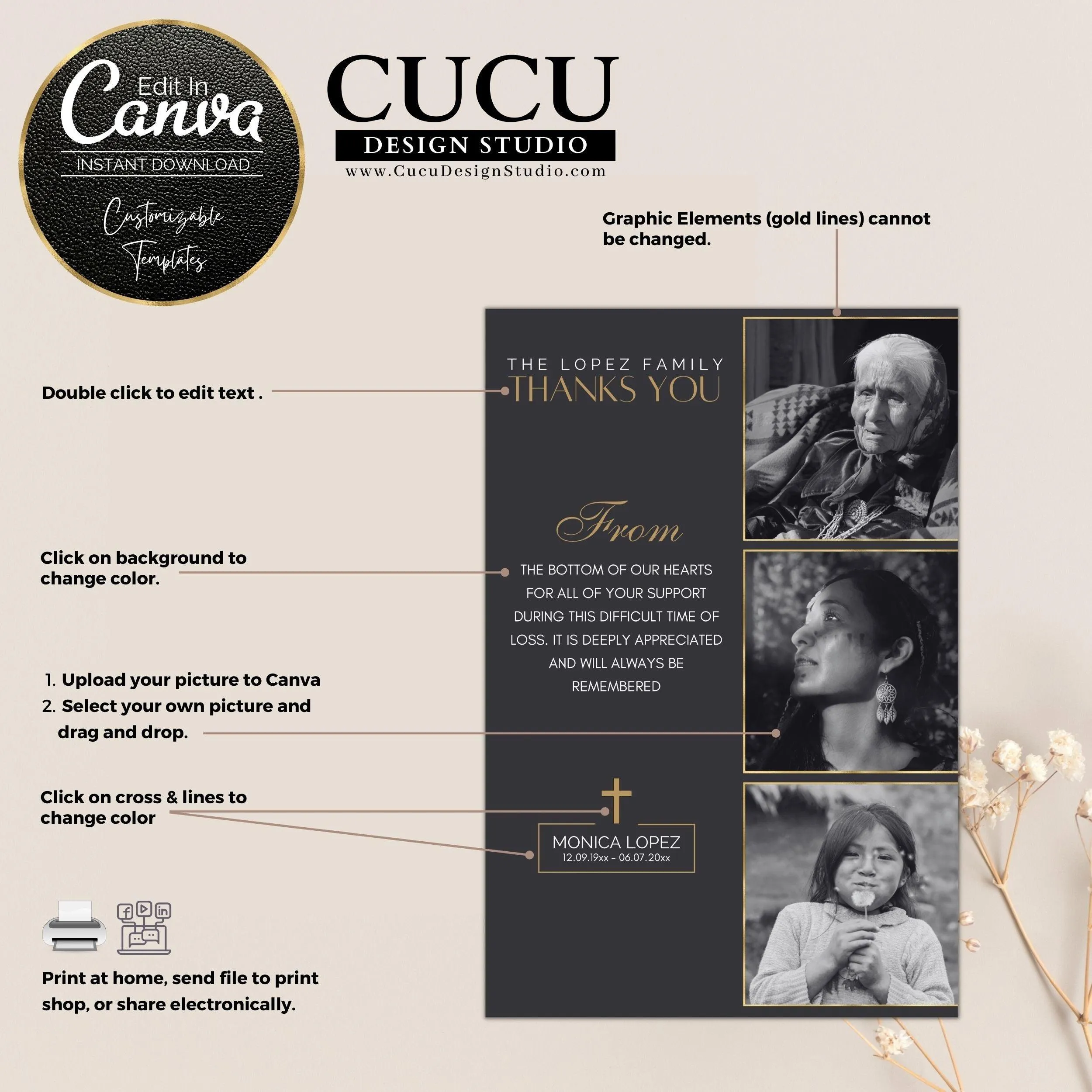Elegant Customizable Canva Funeral Thank You Card Template