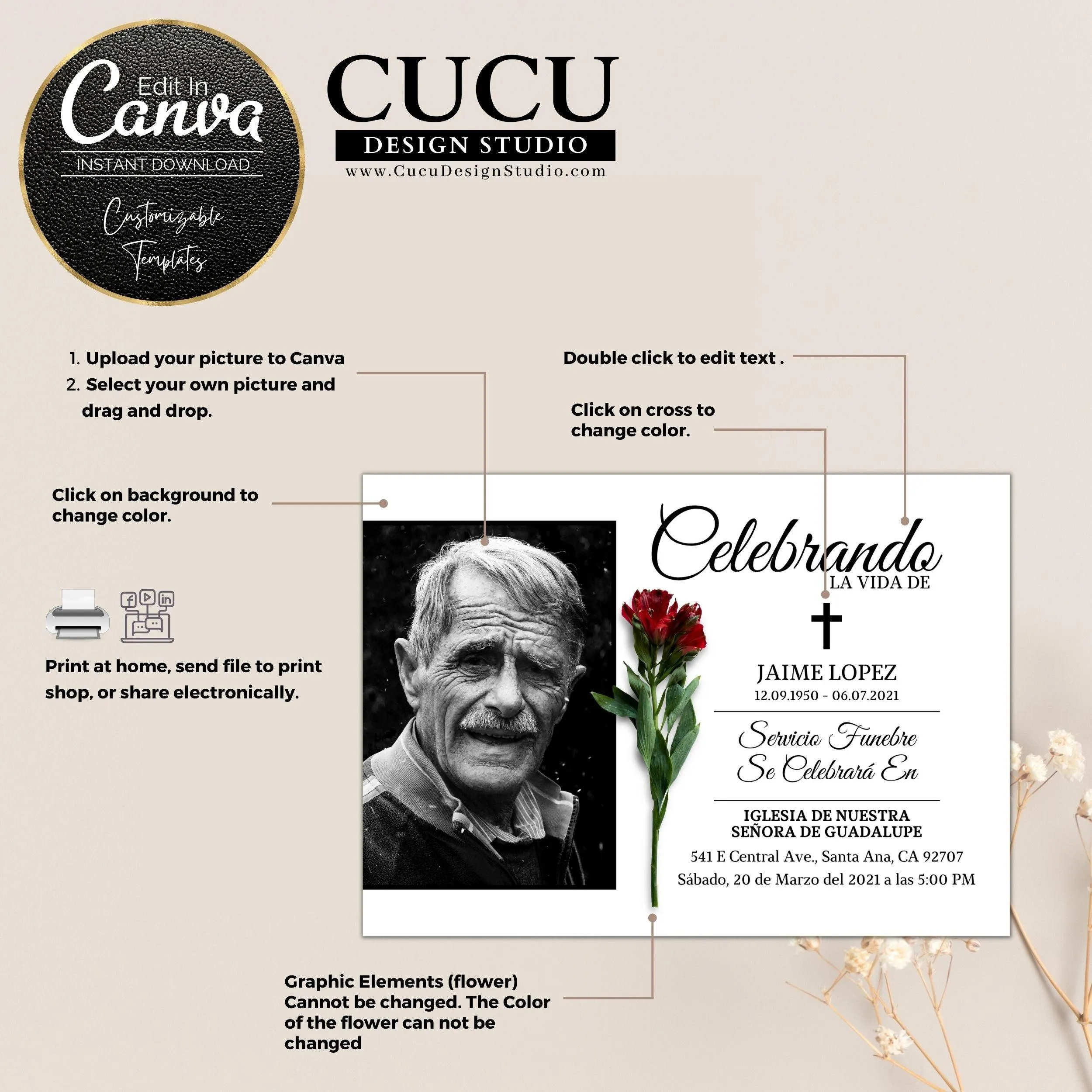 Elegant Customizable Printable Funeral Card Template in Spanish