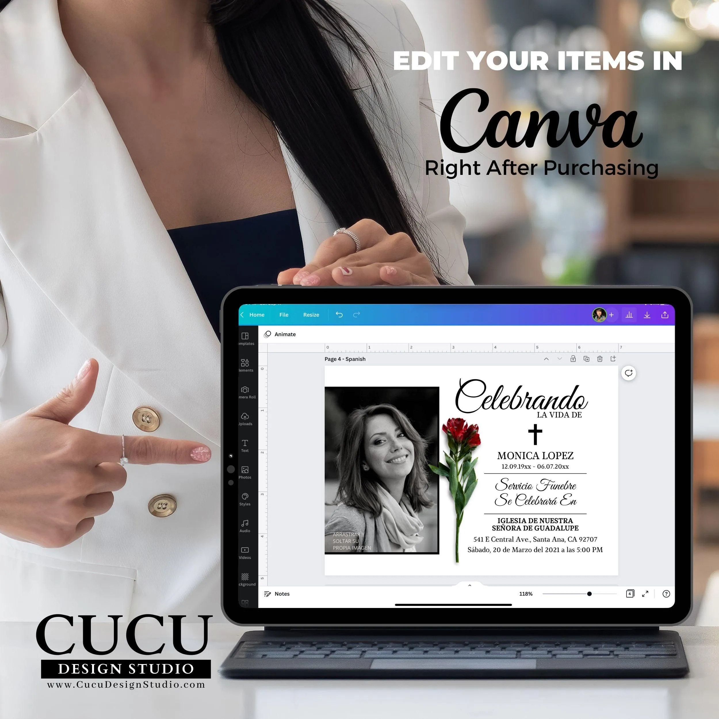 Elegant Customizable Printable Funeral Card Template in Spanish