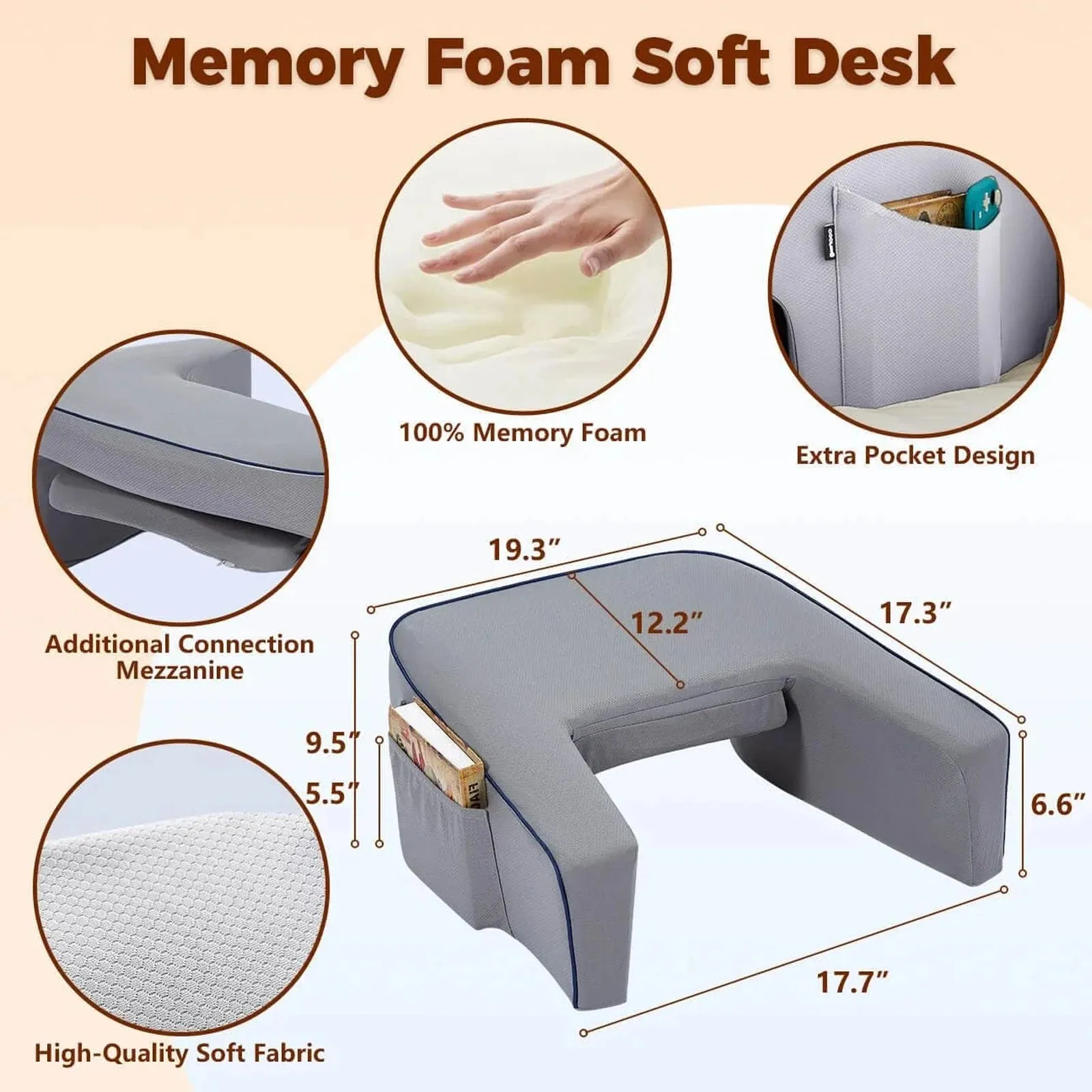 Memory Foam Reading Pillow for Bed  Lap Desk Pillow with Arm Rest, Bamboo Fiber Cover, Pocket Design (Petite Adults & Teens)