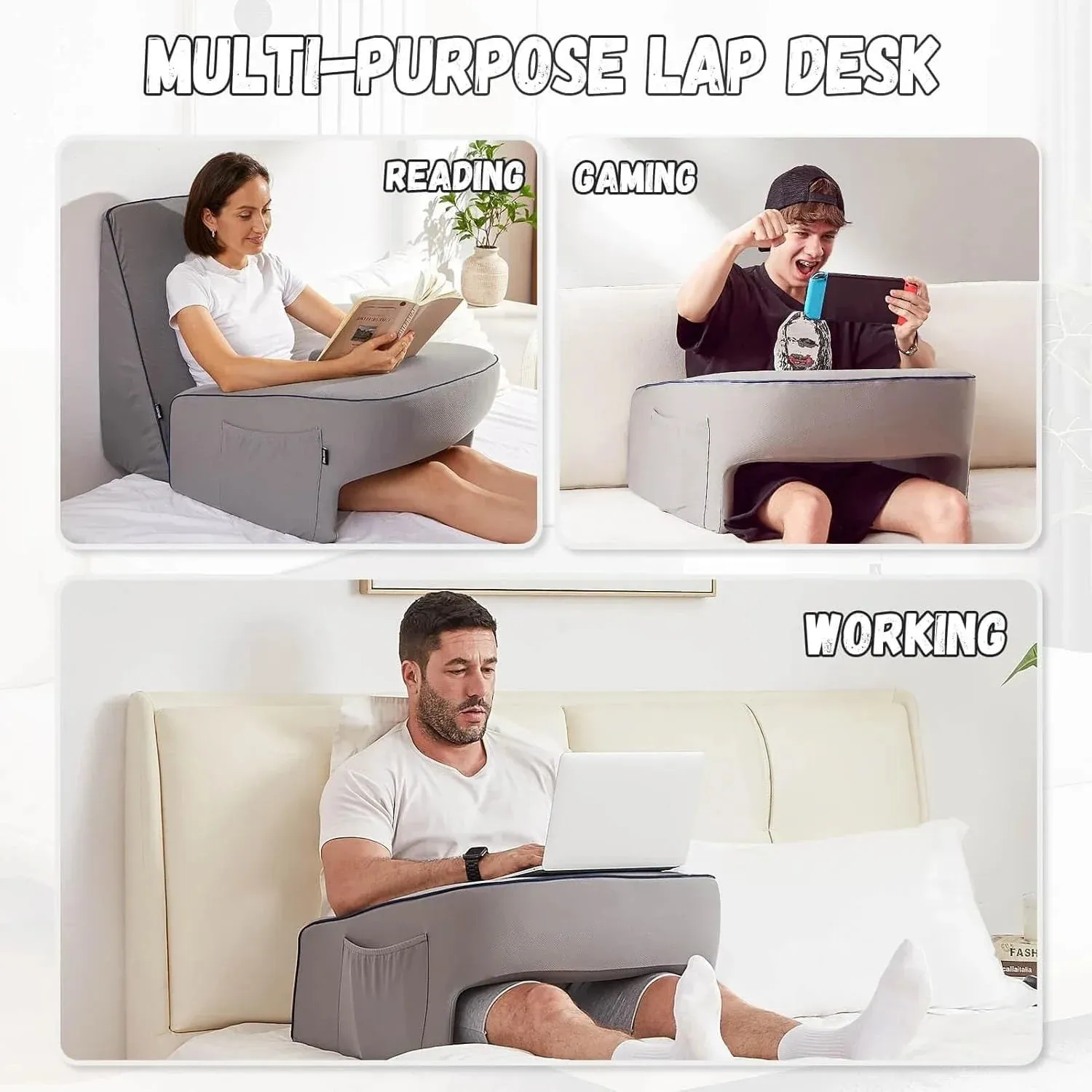 Memory Foam Reading Pillow for Bed  Lap Desk Pillow with Arm Rest, Bamboo Fiber Cover, Pocket Design (Petite Adults & Teens)