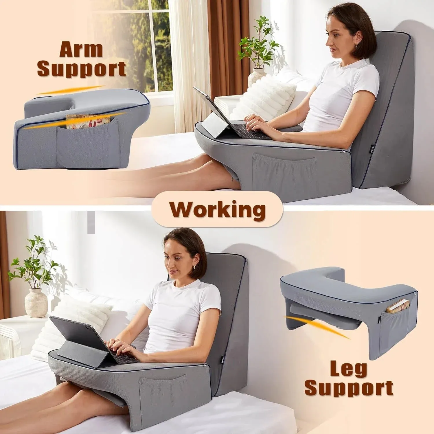 Memory Foam Reading Pillow for Bed  Lap Desk Pillow with Arm Rest, Bamboo Fiber Cover, Pocket Design (Petite Adults & Teens)