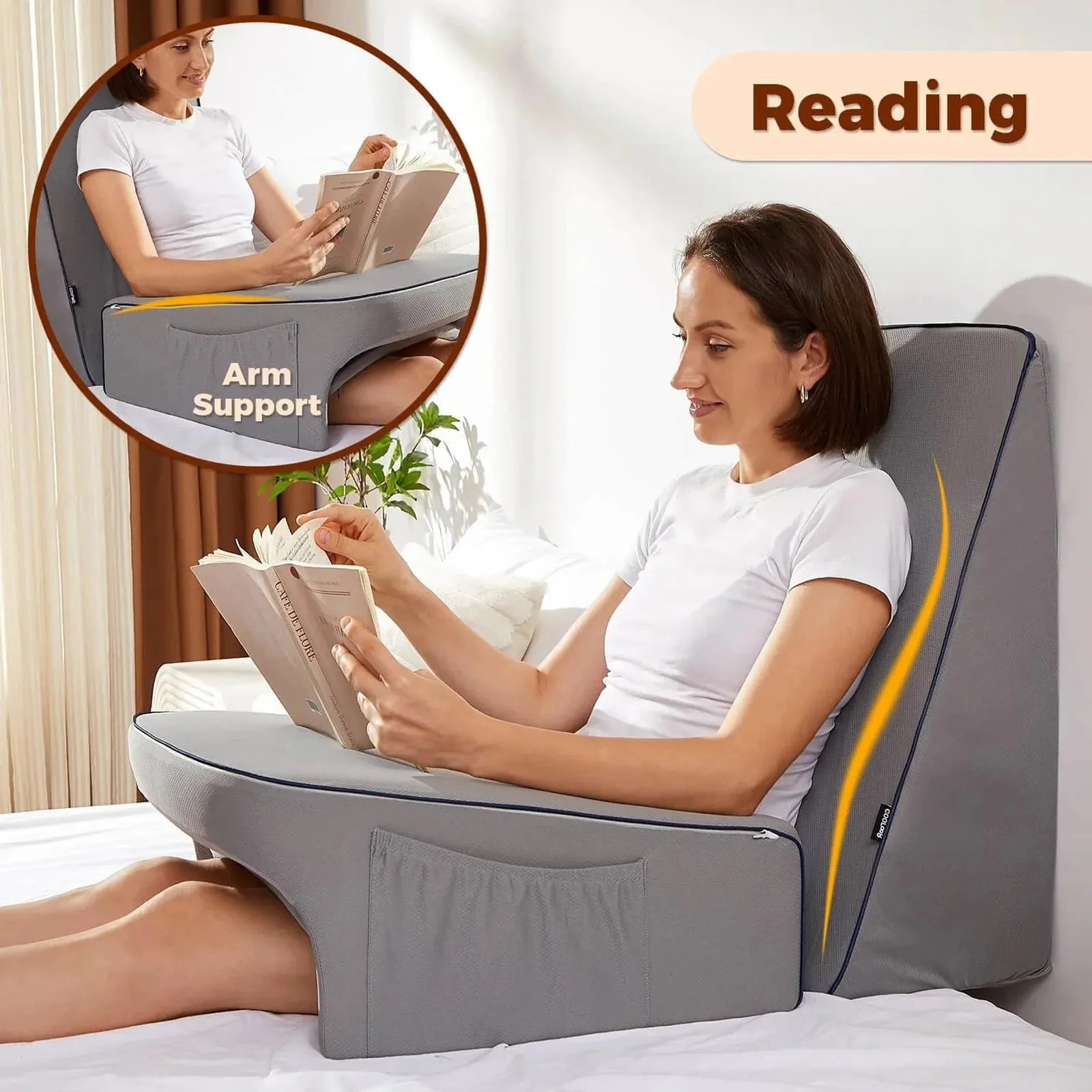 Memory Foam Reading Pillow for Bed  Lap Desk Pillow with Arm Rest, Bamboo Fiber Cover, Pocket Design (Petite Adults & Teens)