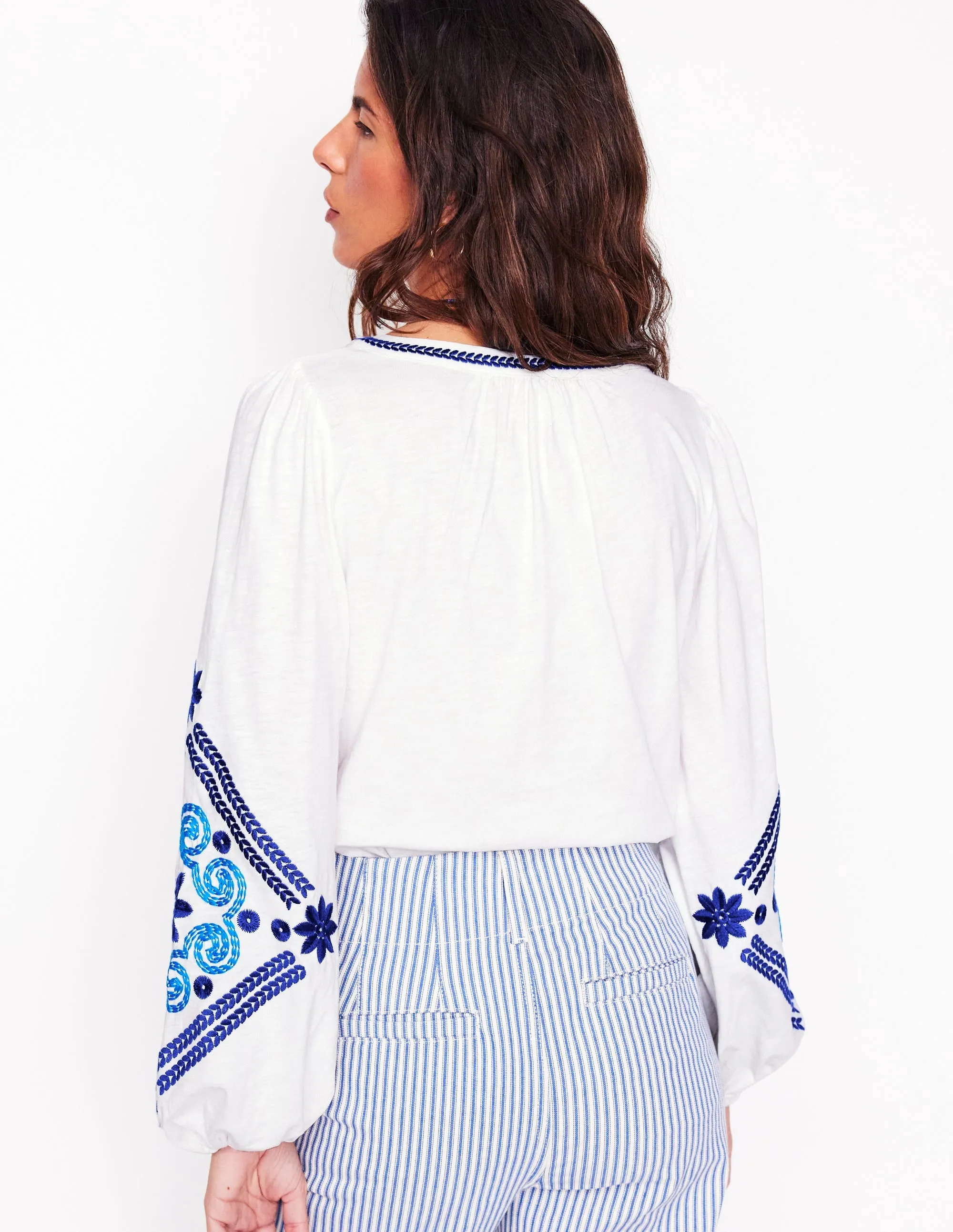 Nia Embroidered Top-White, Blue