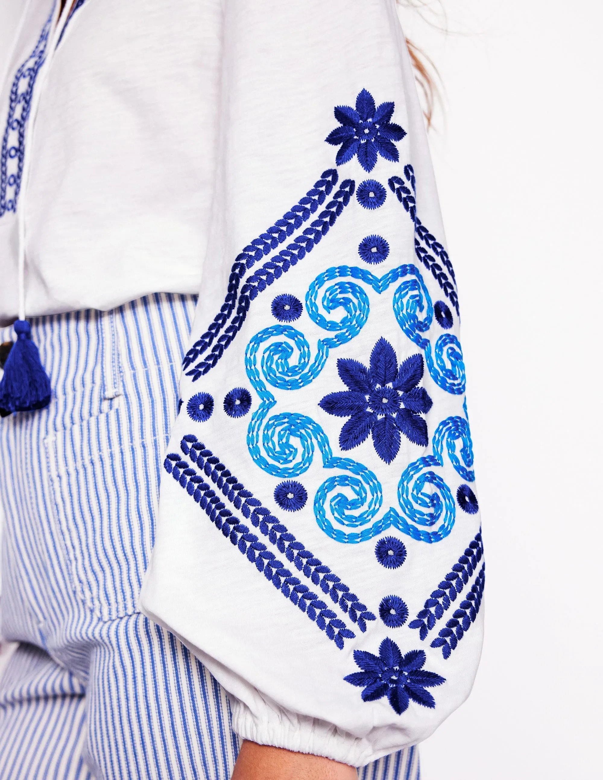 Nia Embroidered Top-White, Blue