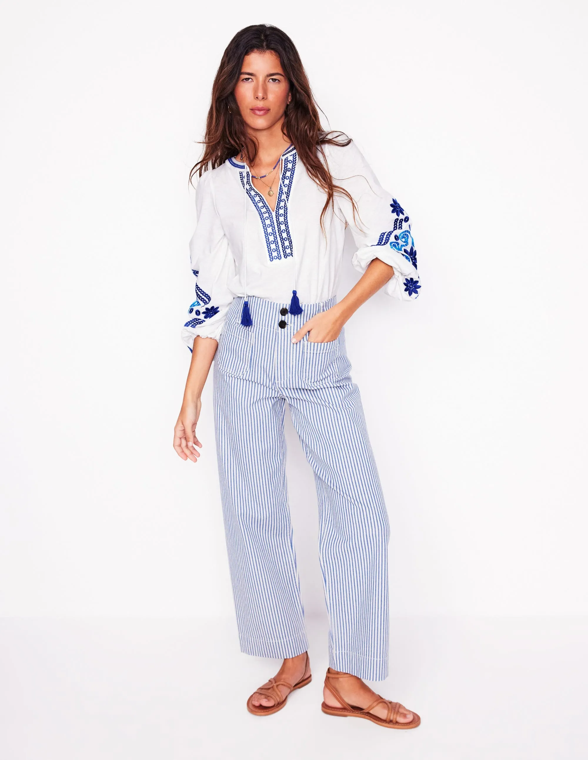 Nia Embroidered Top-White, Blue