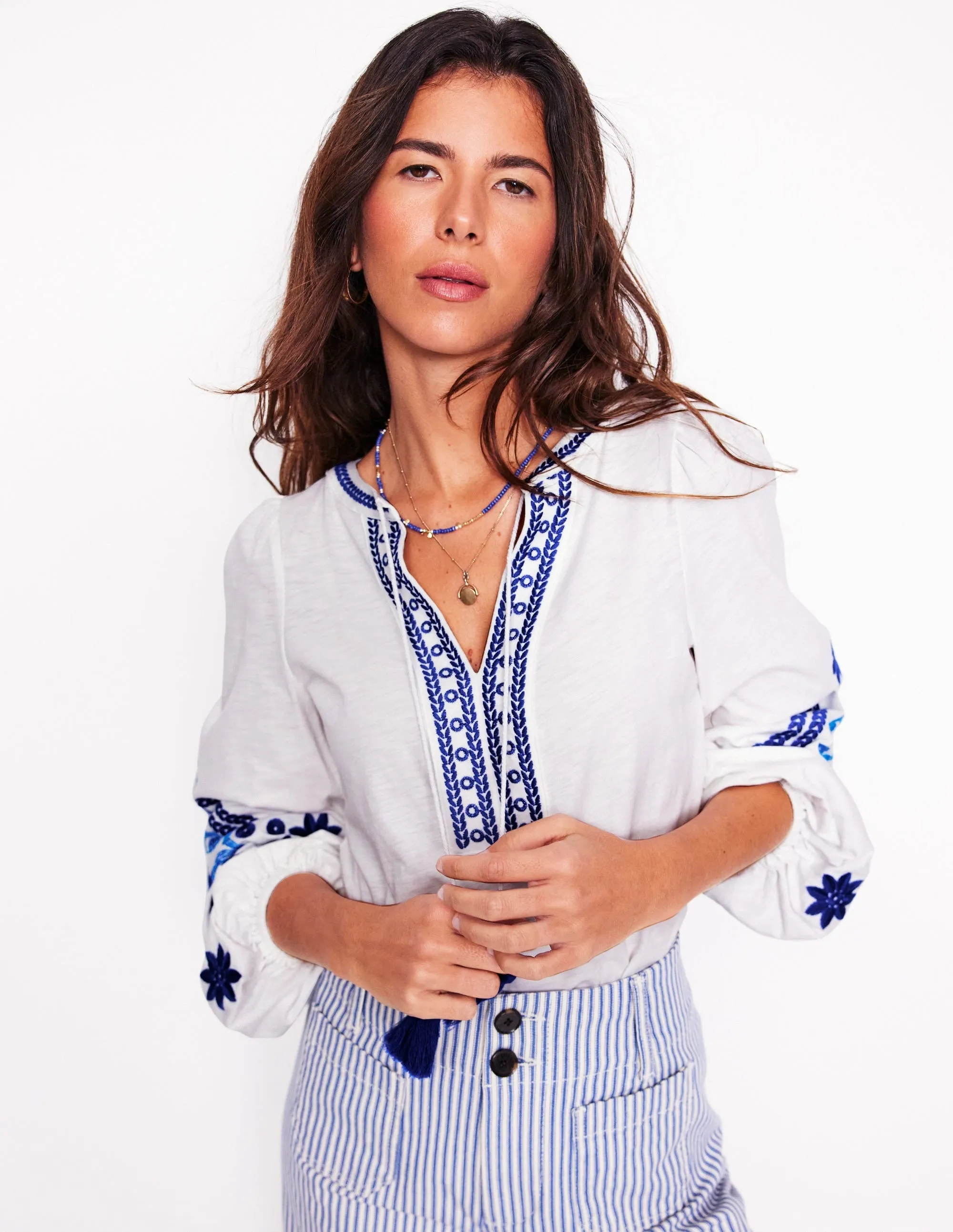 Nia Embroidered Top-White, Blue